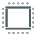 Tables forming an enclosed square with chairs around outside of tables