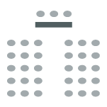 Two sections of rows of chairs with one table and chairs at the front