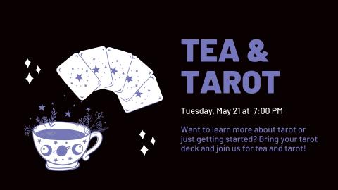 Title: Tea & Tarot; Five tarot cards and a tea cup