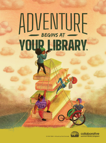 Adventure beings at your library people climbing on a large stack of books. 