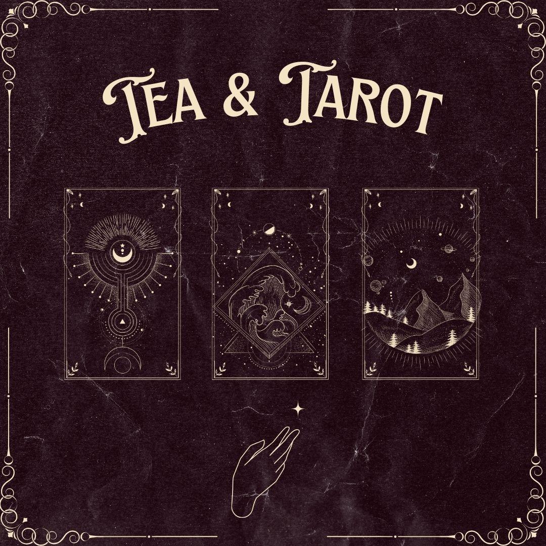 Title: Tea & Tarot; Three tarot cards and a hand