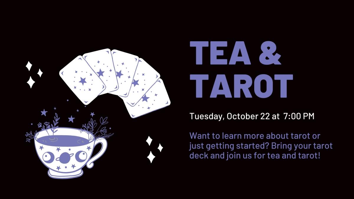 Title: Tea & Tarot; Five tarot cards and a tea cup